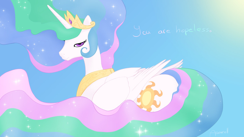 Size: 2560x1440 | Tagged: safe, artist:arareroll, derpibooru import, princess celestia, alicorn, pony, bedroom eyes, cute, cutelestia, dialogue, female, looking at you, looking back, mare, prone, smiling, solo, sunbutt