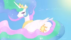 Size: 2560x1440 | Tagged: safe, artist:arareroll, derpibooru import, princess celestia, alicorn, pony, bedroom eyes, cute, cutelestia, dialogue, female, looking at you, looking back, mare, prone, smiling, solo, sunbutt