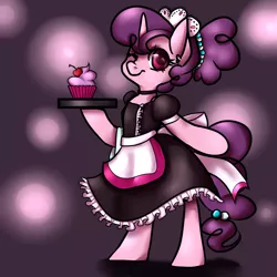 Size: 1280x1280 | Tagged: safe, alternate version, artist:whale, derpibooru import, sugar belle, pony, semi-anthro, alternate hairstyle, apron, bipedal, cap, cherry, clothes, collar, cupcake, dress, explicit source, food, hair bun, hat, looking at you, maid, nose wrinkle, one eye closed, scrunchie, smiling, solo, towel, tray, wink