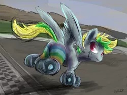 Size: 4407x3322 | Tagged: artist:owlvortex, bucking, derpibooru import, looking at you, oc, oc:wheely bopper, original species, plot, road, safe, spread wings, unofficial characters only, wheelpone