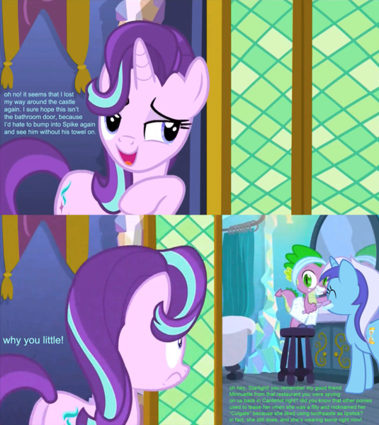 Size: 1500x1683 | Tagged: angry, artist:titanium-pony, bathroom, bathtub, bedroom eyes, clothes, conversation, curtains, derpibooru import, door, edit, edited screencap, eyes closed, female, implied kissing, jealous, love triangle, male, minuette, mirror, safe, screencap, screencap comic, shipping, slippers, sparlight, spigate, spike, starlight glimmer, stool, straight, the crystalling, tl;dr, toothbrush, toothpaste, towel