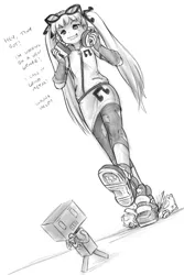 Size: 827x1237 | Tagged: safe, artist:alloyrabbit, derpibooru import, vinyl scratch, human, robot, equestria girls, clothes, cosplay, destruction, equestria girls outfit, glasses, headphones, macro, monochrome, pigtails, size difference, talking, text, twintails