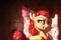 Size: 1920x1280 | Tagged: safe, artist:assasinmonkey, derpibooru import, apple bloom, pony, on your marks, bow, clubhouse, crusaders clubhouse, darkness, female, filly, hair bow, light, looking back, scene interpretation, snapple bloom, solo