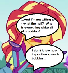 Size: 365x390 | Tagged: safe, derpibooru import, edit, edited screencap, screencap, sunset shimmer, equestria girls, friendship games, breaking the fourth wall, caption, exploitable meme, image macro, meme, sunset is not willing to learn
