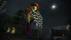 Size: 1360x768 | Tagged: dead source, safe, artist:dodo1500, derpibooru import, sunset shimmer, human, equestria girls, 3d, boots, city, clothes, crossed arms, giantess, helicopter, leather jacket, macro, night sky, skirt, spotlight