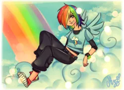 Size: 1512x1099 | Tagged: safe, artist:kuroiifox, artist:mizz-chama, derpibooru import, rainbow dash, human, bracelet, clothes, cloud, hair over one eye, humanized, solo