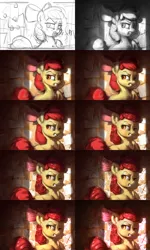 Size: 1600x2667 | Tagged: apple bloom, artist:assasinmonkey, clubhouse, crusaders clubhouse, darkness, derpibooru import, light, looking back, on your marks, progress, safe, scene interpretation, sketch, snapple bloom, solo, wip