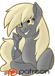 Size: 901x1251 | Tagged: safe, artist:crecious, derpibooru import, derpy hooves, pegasus, pony, female, mare, patreon, patreon logo, simple background, smiling, solo, transparent background