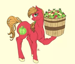 Size: 1424x1224 | Tagged: safe, artist:sourcherry, derpibooru import, big macintosh, pony, apple, bow, bucket, do you even lift, food, hair bow, lidded eyes, lifting, macareina, meme, muscles, rule 63, simple background, solo, unshorn fetlocks