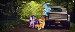 Size: 4643x2011 | Tagged: applejack, artist:ancientkale, artist:crusierpl, artist:gtun3d, artist:jrrhack, car, derpibooru import, gmc, irl, photo, ponies in real life, rainbow dash, safe, twilight sparkle, vector