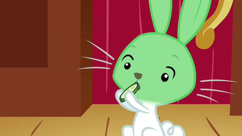 Size: 1280x720 | Tagged: angel bunny, cucumber, derpibooru import, food, green face, jerk, nauseous, putting your hoof down, safe, screencap, sick, solo