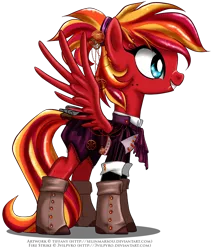 Size: 986x1155 | Tagged: artist:tiffanymarsou, boots, clothes, derpibooru import, dress, gala dress, oc, oc:fire strike, safe, solo, unofficial characters only