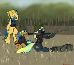 Size: 3373x3000 | Tagged: ammobox, artist:orang111, body armor, camouflage, clothes, derp, derpibooru import, facehoof, forest, helmet, military, military uniform, nation ponies, oc, oc:electro current, oc:rack redstar, officer, ponified, requested art, rocket launcher, rpg-7, safe, soldier, ukraine, ukrainian, uniform, unofficial characters only, you see ivan