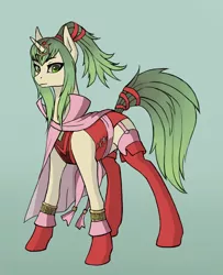 Size: 1600x1974 | Tagged: safe, artist:asimos, derpibooru import, ponified, pony, unicorn, boots, cape, clothes, fire emblem, manakete, ponytail, socks, solo, thigh highs, tiki, tunic