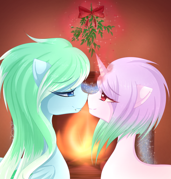 Size: 1280x1341 | Tagged: safe, artist:fluffymaiden, derpibooru import, oc, oc:amaranthine sky, oc:reverie, unofficial characters only, female, fireplace, lesbian, mistletoe, nuzzling