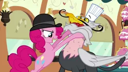 Size: 1280x720 | Tagged: safe, derpibooru import, screencap, gustave le grande, pinkie pie, earth pony, gryphon, pony, mmmystery on the friendship express, bowler hat, cartoon physics, hat, pinkie being pinkie