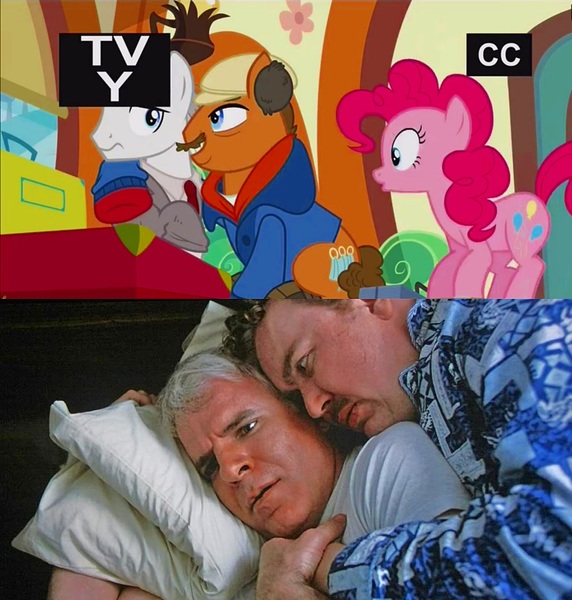 Size: 1023x1074 | Tagged: background pony, bara, clothes, comparison, context is for the weak, del griffith, derpibooru import, edit, edited screencap, grin, hooves around shoulder, john candy, male, neal page, necktie, not gay, op is a slowpoke, out of context, pinkie pie, planes trains and automobiles, safe, screencap, steve martin, the gift of the maud pie, tv-y, uncomfortable, unnamed pony