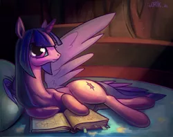 Size: 2000x1587 | Tagged: safe, artist:incmyk, derpibooru import, twilight sparkle, twilight sparkle (alicorn), alicorn, pony, alternate hairstyle, bed, book, crepuscular rays, female, hime cut, mare, side, solo, spread wings