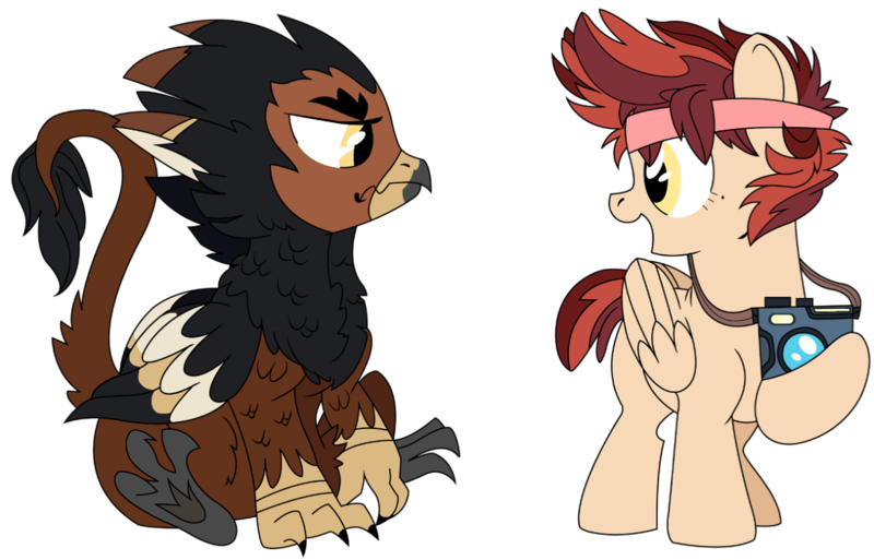 Size: 1280x821 | Tagged: safe, artist:dbkit, derpibooru import, oc, oc:cherry bomber, oc:ghajini, unofficial characters only, gryphon, adopted offspring, camera, headband, offspring, parent:dumbbell, parent:gilda, parent:rainbow dash, parent:unnamed oc, parents:canon x oc, parents:dumbdash, simple background, story included, transparent background