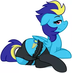 Size: 2443x2489 | Tagged: suggestive, artist:furrgroup, derpibooru import, oc, oc:blue angel, unofficial characters only, pegasus, pony, black underwear, clothes, female, garter, panties, plot, solo, solo female, stockings, underwear