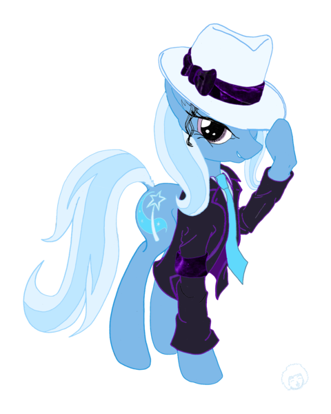 Size: 2304x2880 | Tagged: safe, artist:ciaran, derpibooru import, trixie, pony, unicorn, clothes, coat, fedora, female, flat colors, grin, hat, hoof hold, lidded eyes, looking at you, mare, michael jackson, necktie, simple background, smirk, smooth criminal, solo, transparent background