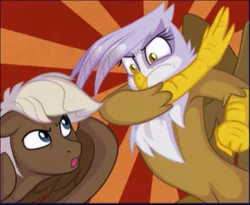 Size: 569x466 | Tagged: safe, artist:sorcerushorserus, derpibooru import, dumbbell, gilda, gryphon, comic:dash academy, bitch slap, imminent pain, incoming bitchslap, sunburst background