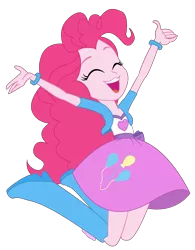 Size: 10000x12800 | Tagged: safe, artist:evil-sparkle, derpibooru import, pinkie pie, equestria girls, friendship games, absurd resolution, balloon, boots, bracelet, clothes, eyes closed, high heel boots, jumping, open mouth, simple background, skirt, solo, transparent background, vector