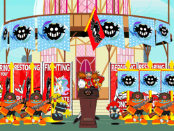 Size: 800x600 | Tagged: ak-74, artist:trungtranhaitrung, banner, crossover, cubot, derpibooru import, doctor eggman, eggman empire of equestria, egg pawn, flag pole, microphone, orbot, ponyville, ponyville town hall, poster, princess celestia, princess luna, red dawn, safe, sonic the hedgehog (series)