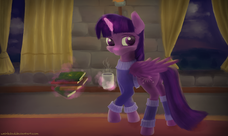 Size: 2880x1720 | Tagged: safe, artist:weirdcloud, derpibooru import, twilight sparkle, twilight sparkle (alicorn), alicorn, pony, book, clothes, female, leg warmers, levitation, looking at you, magic, mare, mug, solo, sweater, telekinesis