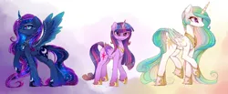 Size: 4700x1940 | Tagged: safe, artist:magnaluna, derpibooru import, princess celestia, princess luna, twilight sparkle, twilight sparkle (alicorn), alicorn, pony, colored wings, colored wingtips, female, fluffy, frown, glare, horn jewelry, jewelry, mare, necklace, older, princess shoes, raised hoof, raised leg, regalia, smiling, sparkles, spread wings, unshorn fetlocks, wing jewelry