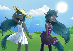 Size: 1280x905 | Tagged: anthro, arm hooves, artist:moonsango, bell, bell collar, blushing, changeling, clothes, collar, covering, derpibooru import, dress, embarrassed, female, hat, oc, oc:fidelis, oc:fidin, safe, sundress, unguligrade anthro, unofficial characters only, wind