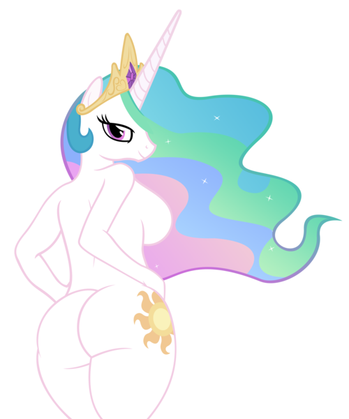 Size: 5000x6000 | Tagged: absurd resolution, alicorn, anthro, artist:sofunnyguy, ass, bedroom eyes, breasts, derpibooru import, female, hand on hip, looking at you, looking back, no tail, pose, praise the sun, presenting, princess celestia, questionable, sideboob, solo, solo female, sunbutt, the ass was fat, wingless, wingless anthro