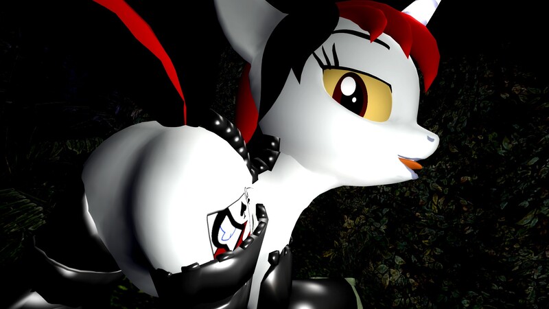 Size: 1920x1080 | Tagged: suggestive, artist:lukewop, derpibooru import, oc, oc:blackjack, unofficial characters only, cyborg, pony, unicorn, 3d, featureless crotch, female, gmod, plot, presenting, red eyes, solo, solo female, sultry pose