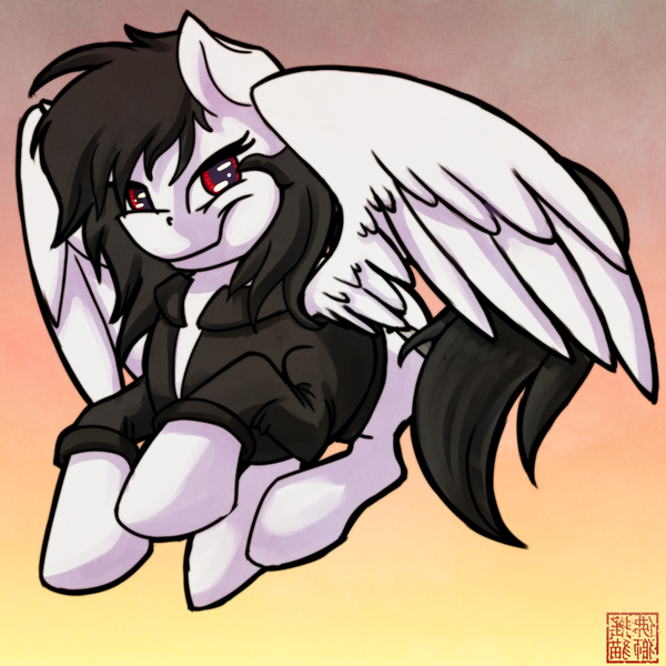 Size: 800x800 | Tagged: safe, artist:rattlesire, derpibooru import, oc, oc:revi stiletto, unofficial characters only, pegasus, pony, clothes, leather jacket, red eyes, solo