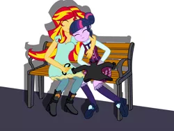 Size: 16000x12000 | Tagged: safe, artist:evil-sparkle, derpibooru import, sci-twi, sunset shimmer, twilight sparkle, equestria girls, friendship games, absurd resolution, bench, clothes, crystal prep academy, crystal prep academy uniform, crystal prep shadowbolts, eyes closed, female, glasses, high heel boots, high heels, hug, leather jacket, lesbian, necktie, school uniform, scitwishimmer, shipping, sitting, sunsetsparkle