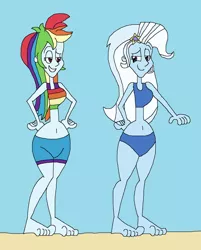 Size: 1024x1271 | Tagged: safe, artist:hunterxcolleen, derpibooru import, rainbow dash, trixie, human, equestria girls, beach, belly button, bikini, clothes, feet, humanized, sand, shorts, smug, swimsuit