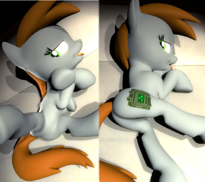 Size: 2160x1920 | Tagged: safe, artist:lukewop, derpibooru import, oc, oc:littlepip, unofficial characters only, pony, unicorn, fallout equestria, fanfic, 3d, body pillow, body pillow design, fanfic art, featureless crotch, female, gmod, hooves, horn, lying down, mare, on back, on bed, open mouth, plot, sexy, solo, spread legs, spreading, sultry pose, tongue out