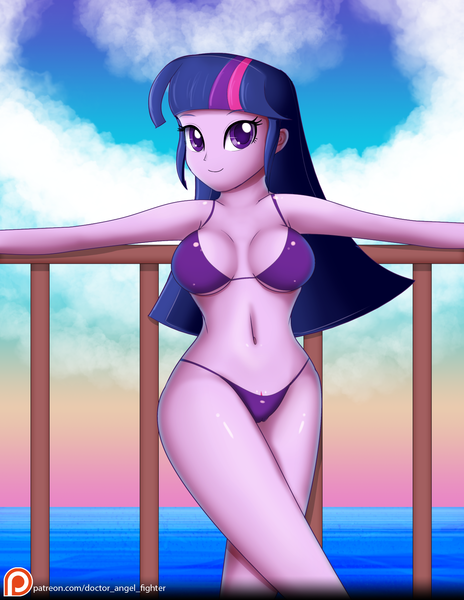 Size: 1275x1650 | Tagged: suggestive, artist:zelc-face, derpibooru import, twilight sparkle, equestria girls, alternative cutie mark placement, belly button, bikini, breasts, busty twilight sparkle, clothes, crotchmark, female, patreon, patreon logo, solo, solo female, swimsuit