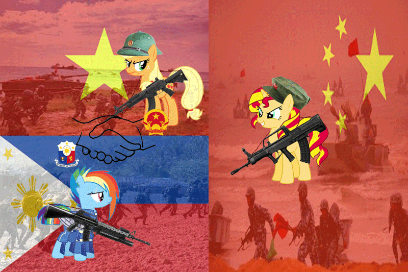 Size: 900x600 | Tagged: safe, artist:trungtranhaitrung, derpibooru import, applejack, rainbow dash, sunset shimmer, ponified, pony, ar 15, army, army helmet, china, emblem, flag, galil ace, gun, handshake, helmet, marines, military bronies, nation ponies, navy, ocean, philippines, politics, qbz-95, rifle, ship, south china sea, tank (vehicle), vietnam, war, weapon, wonderbolts uniform