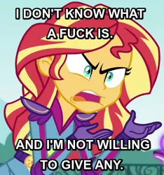 Size: 365x390 | Tagged: safe, derpibooru import, edit, edited screencap, screencap, sunset shimmer, equestria girls, friendship games, caption, exploitable meme, image macro, meme, no fucks, sunset is not willing to learn, vulgar