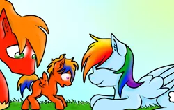 Size: 900x573 | Tagged: safe, artist:tomcolt15, derpibooru import, big macintosh, rainbow dash, oc, oc:cortland apple, earth pony, pony, male, next generation, offspring, parent:big macintosh, parent:rainbow dash, parents:rainbowmac, rainbowmac, shipping, stallion, straight