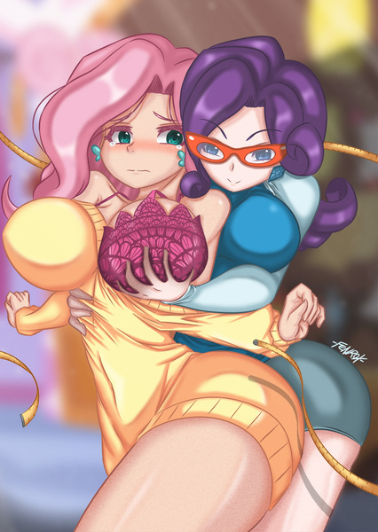 Size: 737x1039 | Tagged: questionable, artist:fenrox, derpibooru import, fluttershy, rarity, human, bad touch, big breasts, blushing, bra, breast fondling, breast grab, breasts, busty fluttershy, clothes, earring, embarrassed, embarrassed underwear exposure, female, flarity, glasses, glasses rarity, grope, humanized, lesbian, molestation, personal space invasion, piercing, pink underwear, rarity's glasses, shipping, sweater dress, underwear