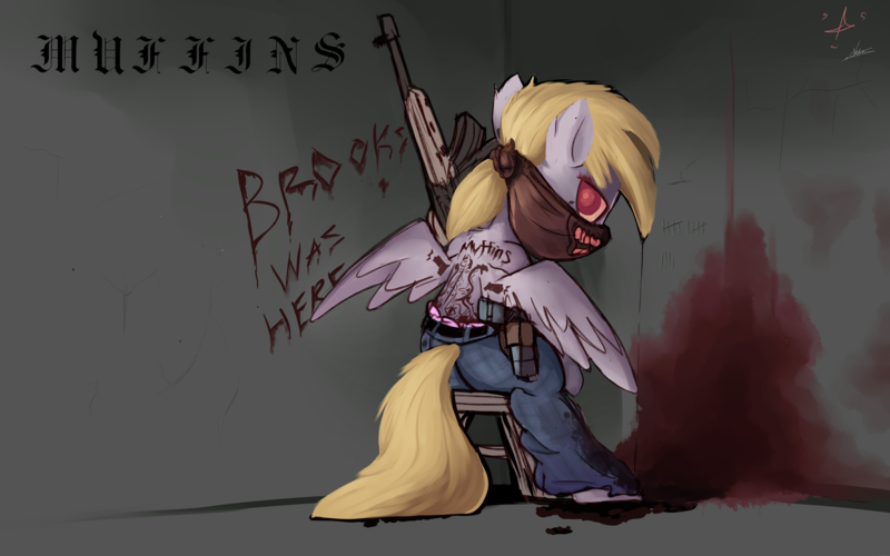 Size: 4000x2500 | Tagged: semi-grimdark, artist:aquaticsun, artist:ncmares, derpibooru import, derpy hooves, pegasus, pony, ak-47, assault rifle, bandana, blackletter, blood, collaboration, female, gangsta, gangster, gun, handgun, mare, pistol, rifle, solo, stool, tally marks, tattoo, thug, weapon