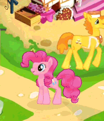 Size: 334x390 | Tagged: animated, behaving like a dog, carrot cake, cupcake, cute, dancing, derpibooru import, diapinkes, food, game, gameloft, gameloft is trying to murder us, gameloft shenanigans, hoity toity, pinkie pie, puppy pie, safe, sugarcube corner, tail wag, vinyl scratch