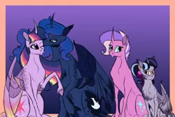 Size: 1200x800 | Tagged: safe, artist:silvy-fret, derpibooru import, princess luna, twilight sparkle, twilight sparkle (alicorn), oc, oc:iremia, oc:sirius, alicorn, pony, female, lesbian, magical lesbian spawn, mare, nuzzling, offspring, parent:princess luna, parent:twilight sparkle, parents:twiluna, shipping, twiluna, unshorn fetlocks