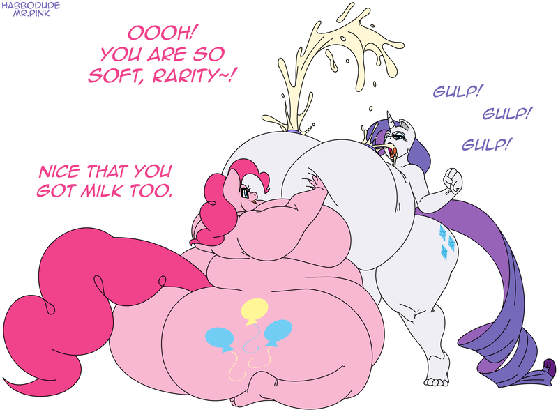 Size: 2604x1923 | Tagged: anthro, artist:habbodude, artist:mr.pink, ass, balloonbutt, bbw, big belly, big breasts, breast milk, breasts, busty pinkie pie, busty rarity, colored, derpibooru import, edit, fat, female, huge breasts, huge butt, hyper, impossibly large breasts, impossibly large butt, kneeling, lactation, large butt, lesbian, milk, milk squirt, morbidly obese, obese, pinkie pie, plantigrade anthro, pudgy pie, questionable, raripie, rarity, shipping, ssbbw