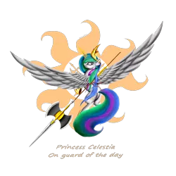 Size: 5000x5000 | Tagged: safe, artist:skitsniga, derpibooru import, princess celestia, pony, absurd resolution, female, halberd, looking back, magic, mare, plot, rearing, simple background, solo, spear, spread wings, telekinesis, transparent background, warrior celestia, weapon