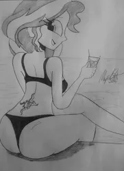 Size: 1024x1417 | Tagged: suggestive, artist:missmayaleanne, derpibooru import, sunset shimmer, equestria girls, ass, bikini, breasts, bunset shimmer, clothes, cutie mark, cutie mark on equestria girl, glass of water, grayscale, looking at you, monochrome, panties, poolside, solo, swimming pool, swimsuit, thong, thong swimsuit, traditional art, tramp stamp, underwear