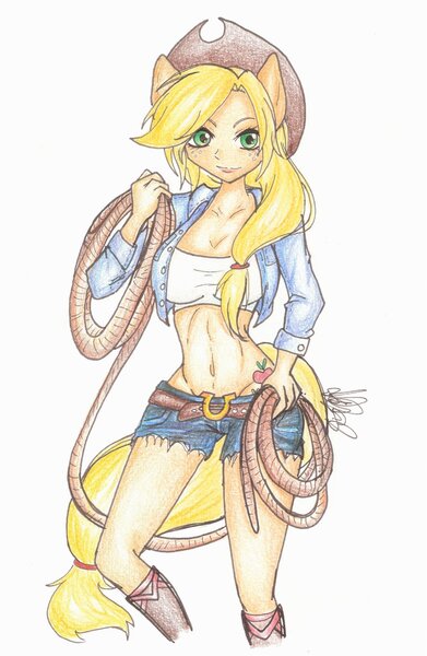 Size: 1024x1572 | Tagged: abs, applejack, artist:esotericotaku, belly button, boots, clothes, daisy dukes, derpibooru import, eared humanization, human, humanized, jacket, midriff, pony coloring, rope, safe, shorts, short shirt, solo, tailed humanization, traditional art