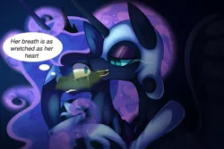 Size: 1200x800 | Tagged: artist:maren, bad breath, bedroom eyes, crying, derpibooru import, duality, edit, gritted teeth, holding, nightmare moon, open mouth, princess luna, safe, scared, smiling, source needed, wide eyes